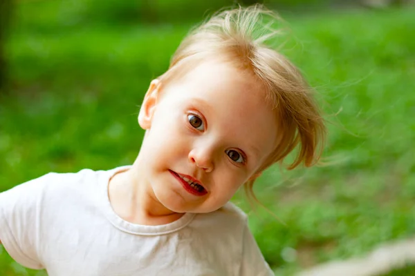 Portrait Cute Blond Toddler Girl Windy Summer Day Making Faces — Stock Photo, Image