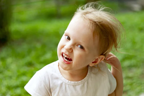 Portrait Cute Blond Toddler Girl Windy Summer Day Making Faces — Stock Photo, Image