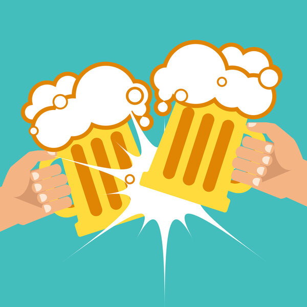 October Beer Festival. Two hands holding beer mugs. Vector illustration