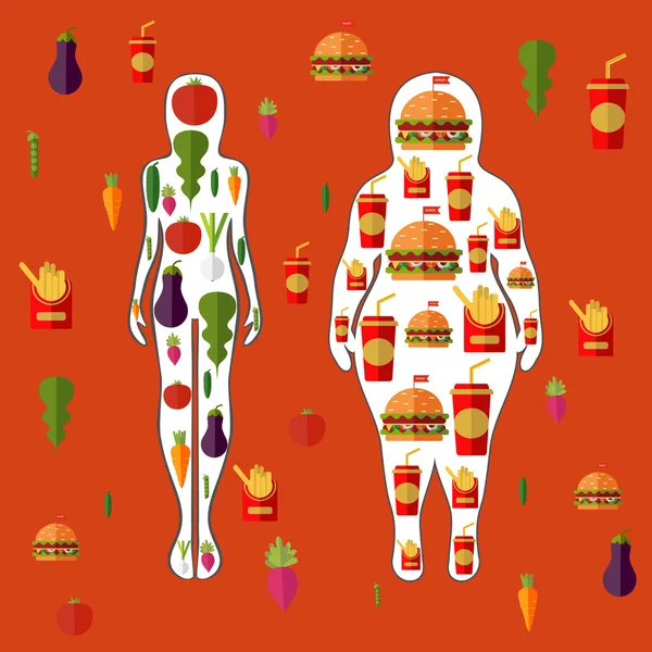 Vector vrouwelijke silhouet met groenten en fruit. Illustratie — Stockvector