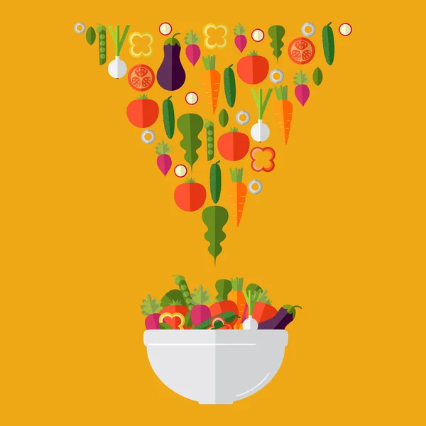 Cocinar ensalada con verduras frescas. Estilo plano. Vector ilustra — Archivo Imágenes Vectoriales