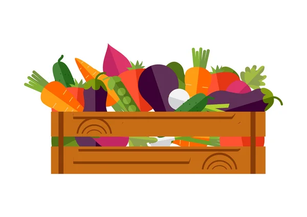Juego de verduras frescas en una caja de madera. Ilustración vectorial, cosecha — Vector de stock