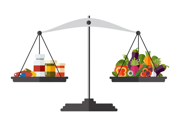 Concepto saludable. Vector. Medicina y verduras frescas en las escamas — Archivo Imágenes Vectoriales