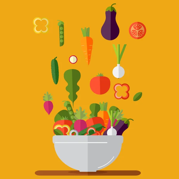 Cozinhar salada com legumes frescos. Estilo plano. Vector illustra — Vetor de Stock