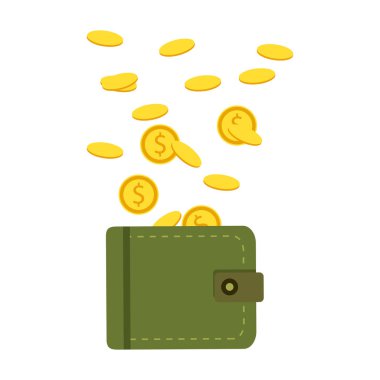 Para, sikke ve kredi kartı, nakit ile düz cüzdan. Vektör 