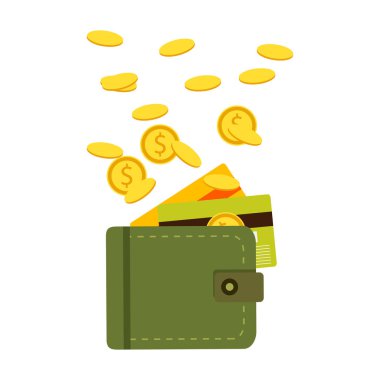 Para, sikke ve kredi kartı, nakit ile düz cüzdan. Vektör 