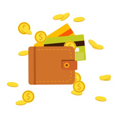 Para, sikke ve kredi kartı, nakit ile düz cüzdan. Vektör 