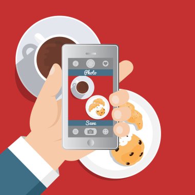 Düz vektör çizim. Gıda resim fotoğraf çekici el