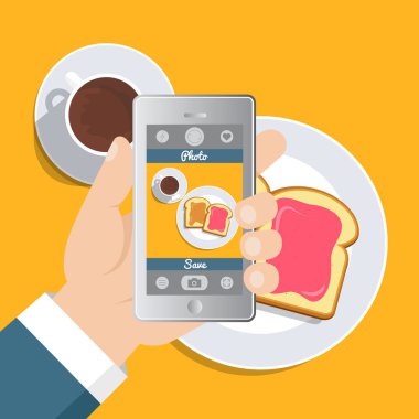 Düz vektör çizim. Gıda resim fotoğraf çekici el