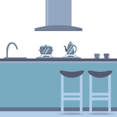 Mutfak mobilya ve uzun gölgeler. Düz çizgi film stil vektör