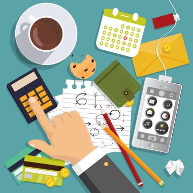 Vektör düz tasarımı. İşlem ve iş yeri kavramı.