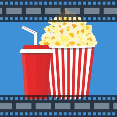 Vektör çizim. Patlamış mısır ve içki. Film şeridi sınır. Cinem