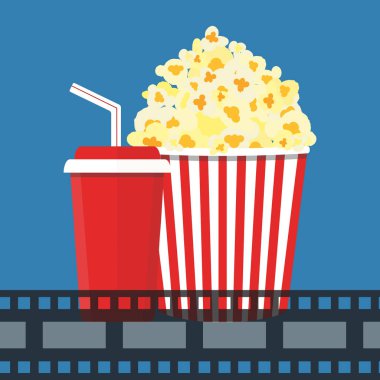 Vektör çizim. Patlamış mısır ve içki. Film şeridi sınır. Cinem