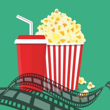 Vektör çizim. Patlamış mısır ve içki. Film şeridi sınır. Cinem
