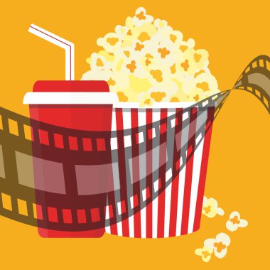 Vektör çizim. Patlamış mısır ve içki. Film şeridi sınır. Cinem