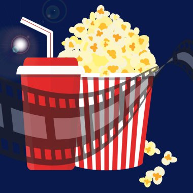 Vektör çizim. Patlamış mısır ve içki. Film şeridi sınır. Cinem