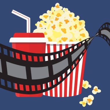 Vektör çizim. Patlamış mısır ve içki. Film şeridi sınır. Cinem