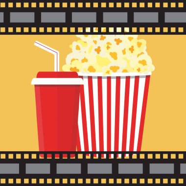 Vektör çizim. Patlamış mısır ve içki. Film şeridi sınır. Cinem