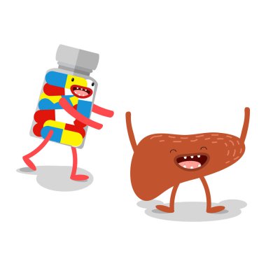 Vektör. İlaç çalıştığı insan organlarını, çizgi film. 