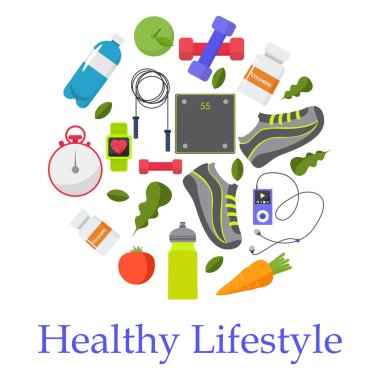 Sağlıklı, spor, fitness, yaşam tarzı tasarım, vektör çizim 
