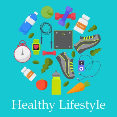Sağlıklı, spor, fitness, yaşam tarzı tasarım, vektör çizim 
