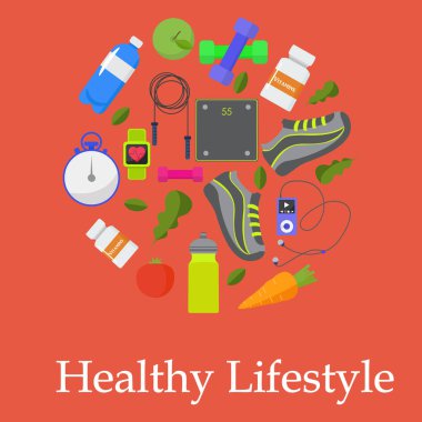 Sağlıklı, spor, fitness, yaşam tarzı tasarım, vektör çizim 