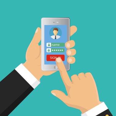 Düz tasarım vektör çizim. Smartphone scre sayfasında oturum