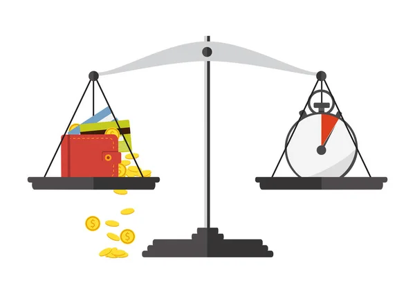 Illustrazione vettoriale. Equilibrio di denaro e tempo sulla scala. Affari. — Vettoriale Stock