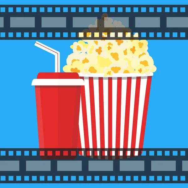 Vektorillustration. Popcorn und Getränk. Filmstreifenrand. Kino — Stockvektor