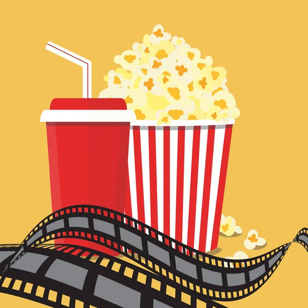 Ilustración vectorial. Palomitas de maíz y bebida. Frontera de tira de película. Cinema — Vector de stock