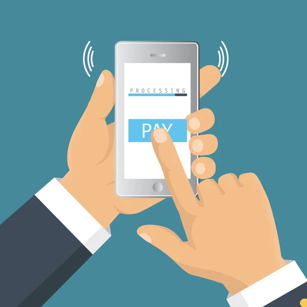 Mobiel betalen concept. Hand met een telefoon. Smartphone wireles — Stockvector