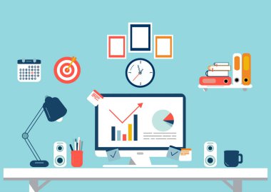 Düz tasarım öğeleri kümesi, çalışma alanı gösteren resim. Vektör