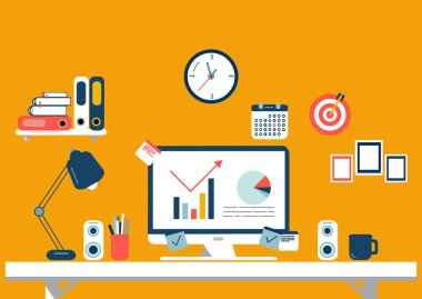 Düz tasarım öğeleri kümesi, çalışma alanı gösteren resim. Vektör