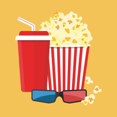 Vektör çizim. Patlamış mısır ve içki. Film şeridi sınır. Sinema