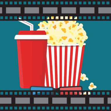 Vektör çizim. Patlamış mısır ve içki. Film şeridi sınır. Sinema