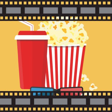 Vektör çizim. Patlamış mısır ve içki. Film şeridi sınır. Sinema