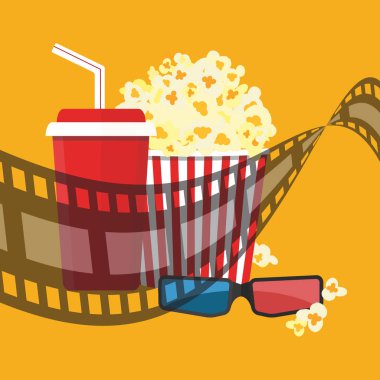 Vektör çizim. Patlamış mısır ve içki. Film şeridi sınır. Sinema