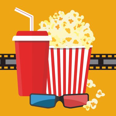 Vektör çizim. Patlamış mısır ve içki. Film şeridi sınır. Sinema