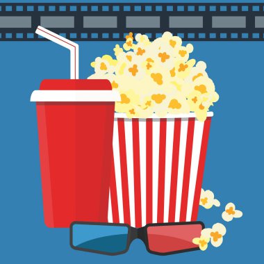 Vektör çizim. Patlamış mısır ve içki. Film şeridi sınır. Sinema