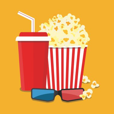 Vektör çizim. Patlamış mısır ve içki. Film şeridi sınır. Sinema