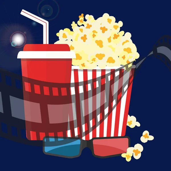 Vektorillustration. Popcorn und Getränk. Filmstreifenrand. Kino — Stockvektor