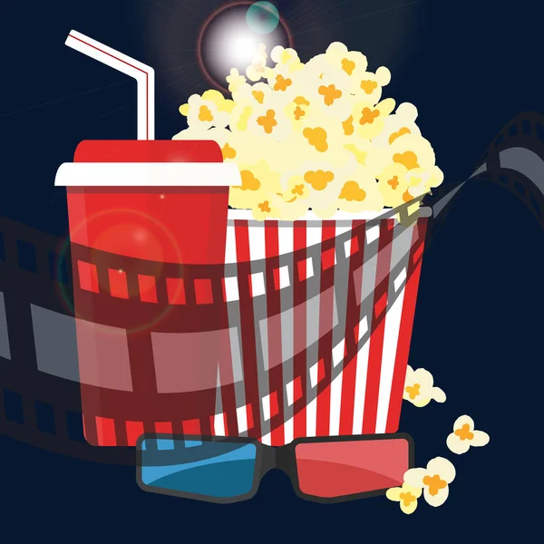 Illustrazione vettoriale. Popcorn e bevande. Bordo della striscia. Cinema. — Vettoriale Stock