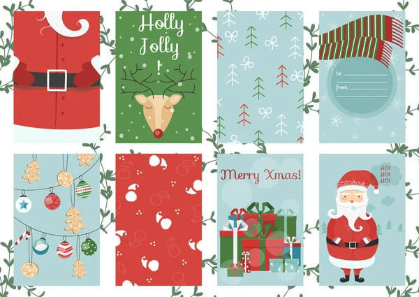 Feliz Navidad tarjeta de felicitación, santa, ciervos, decoración de Navidad , — Vector de stock