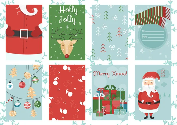 Feliz Navidad tarjeta de felicitación, santa, ciervos, decoración de Navidad , — Vector de stock