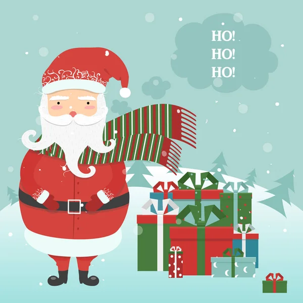 Jolly dibujos animados Santa Clause, fondo del bosque de invierno, Navidad — Vector de stock