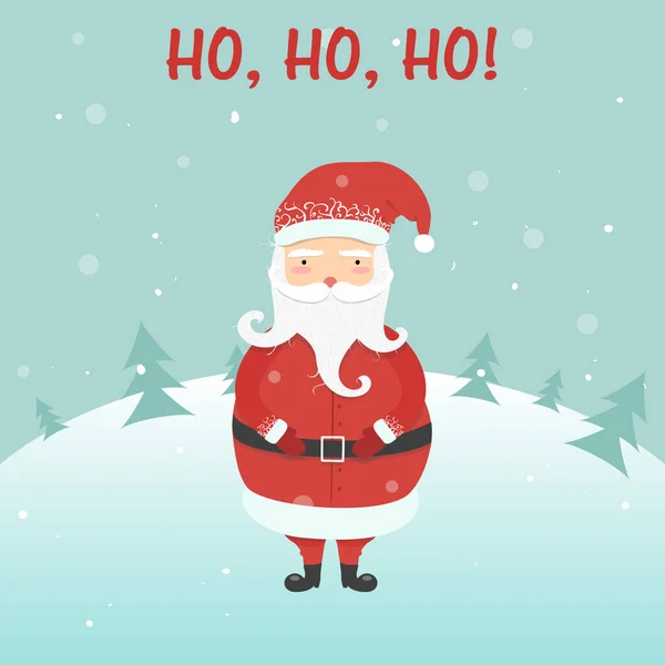 Jolly dibujos animados Santa Clause, fondo del bosque de invierno, Navidad — Vector de stock