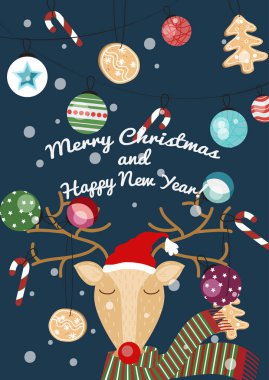 Vektör. Çizgi film el çekilmiş geyik. Karakter vektör. Mutlu Noeller