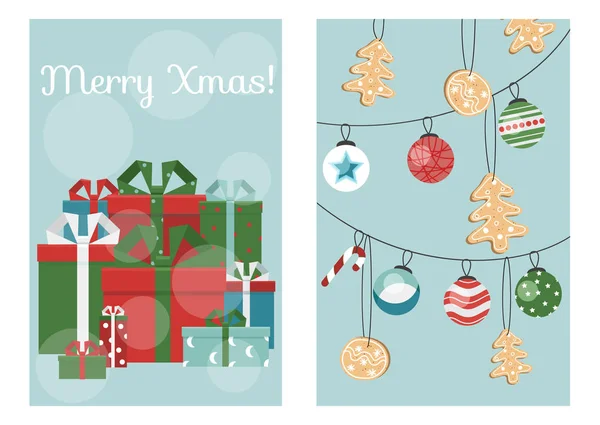 Joyeux Noël carte de vœux, Père Noël, cerf, décoration de Noël, ret — Image vectorielle