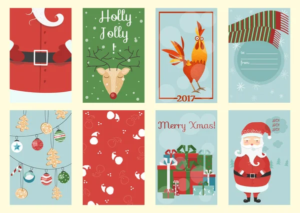 Merry Christmas greeting card, santa, deer, Xmas decoration — Stock Vector