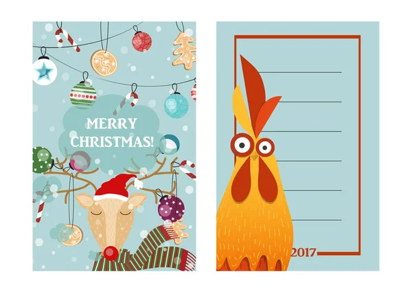 Feliz Navidad tarjeta de felicitación, santa, ciervos, decoración de Navidad — Vector de stock